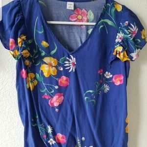 Flowers Print V Neck Ruffle Sleeve Blouse